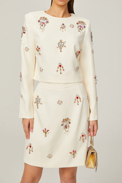Jeanne white crystal-embellished top & skirt matching set