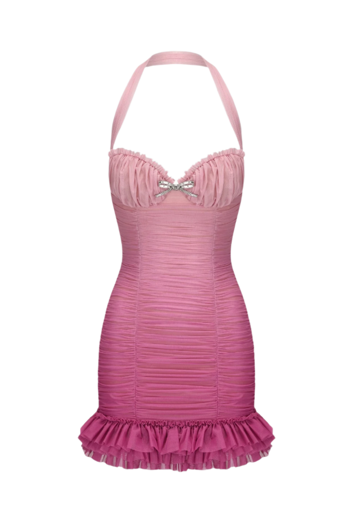 Halter Mesh Gradient Rushed Mini Dress in Pink