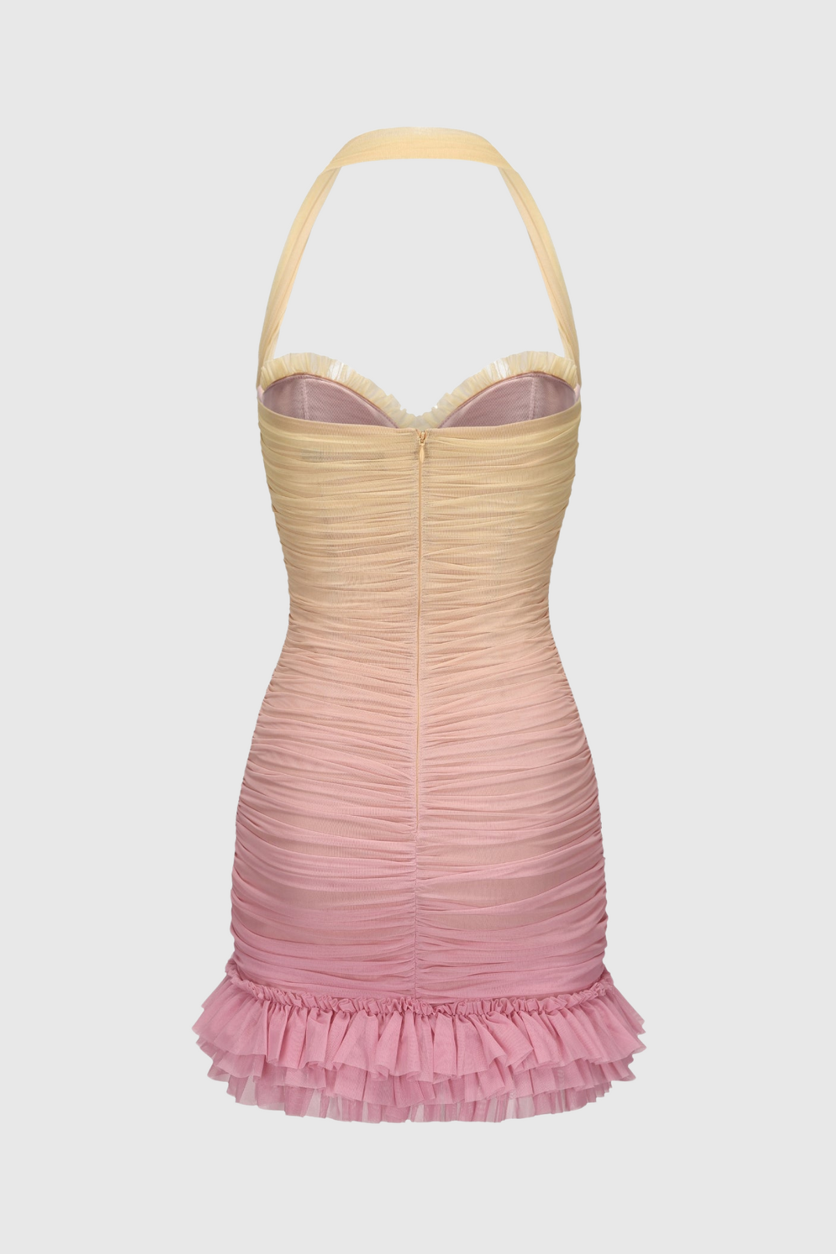 Halter Mesh Gradient Rushed Mini Dress - Yellow