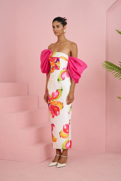 sylvia floral print strapless maxi dress in white