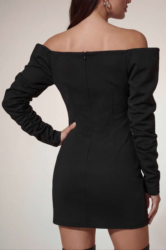 victoria off-shoulder satin bodycon mini dress in black