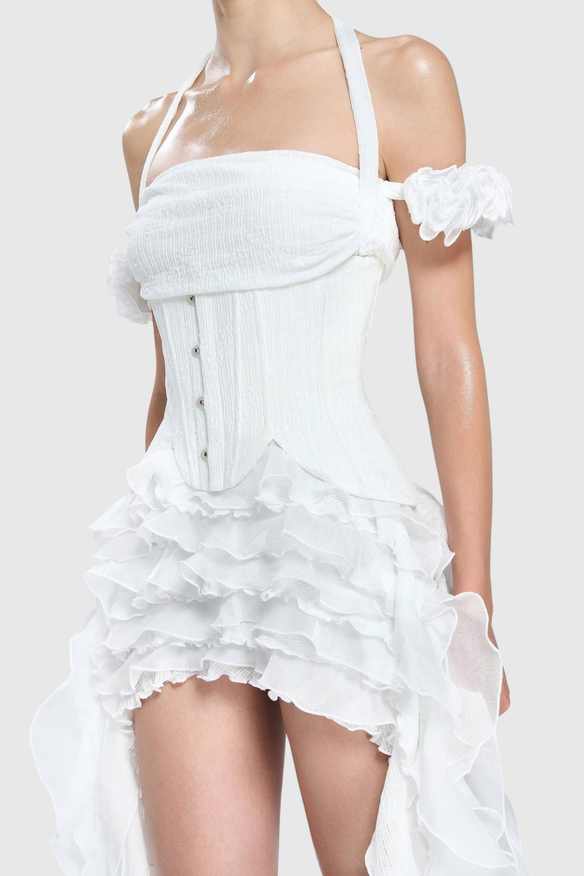 elva halter three-dimensional flower irregular tassel mini dress in white
