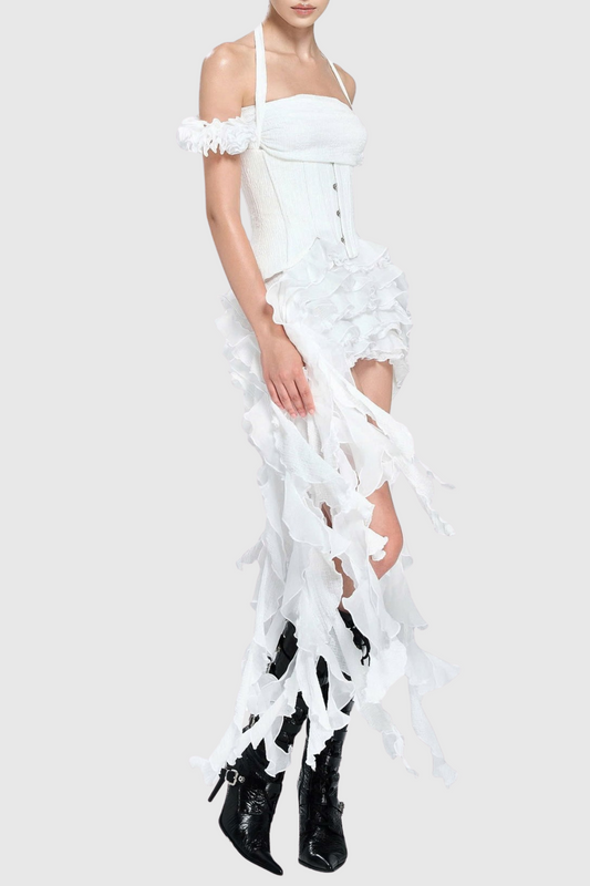 elva halter three-dimensional flower irregular tassel mini dress in white