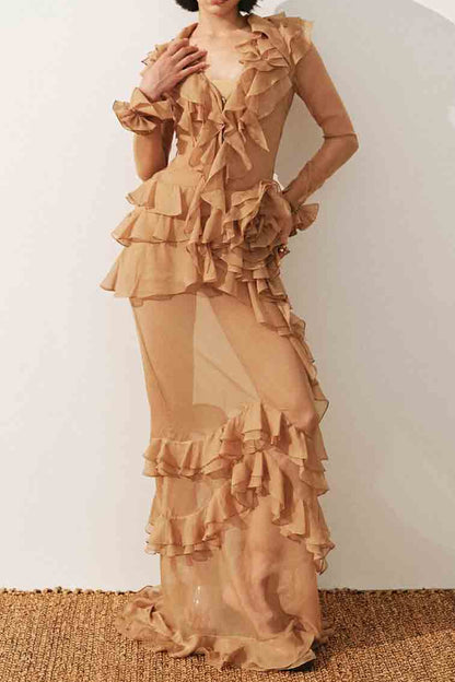 josephine Multi-layered ruffles maxi dress in brown