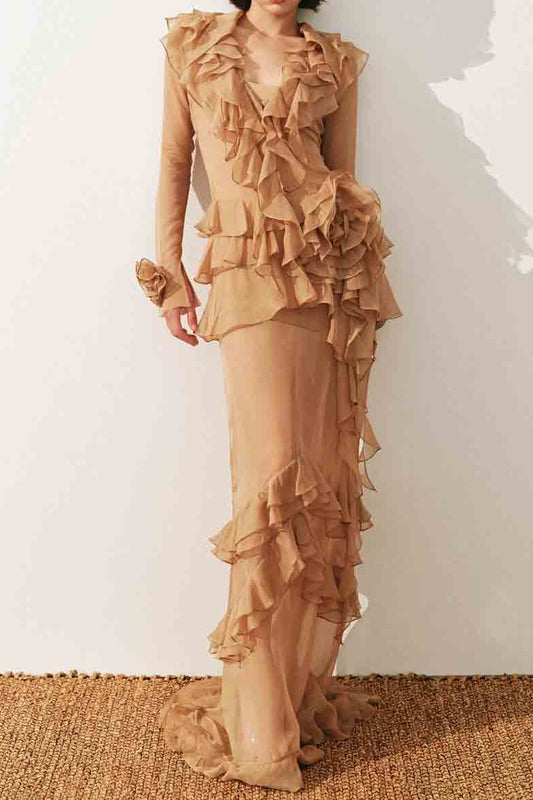 josephine Multi-layered ruffles maxi dress in brown