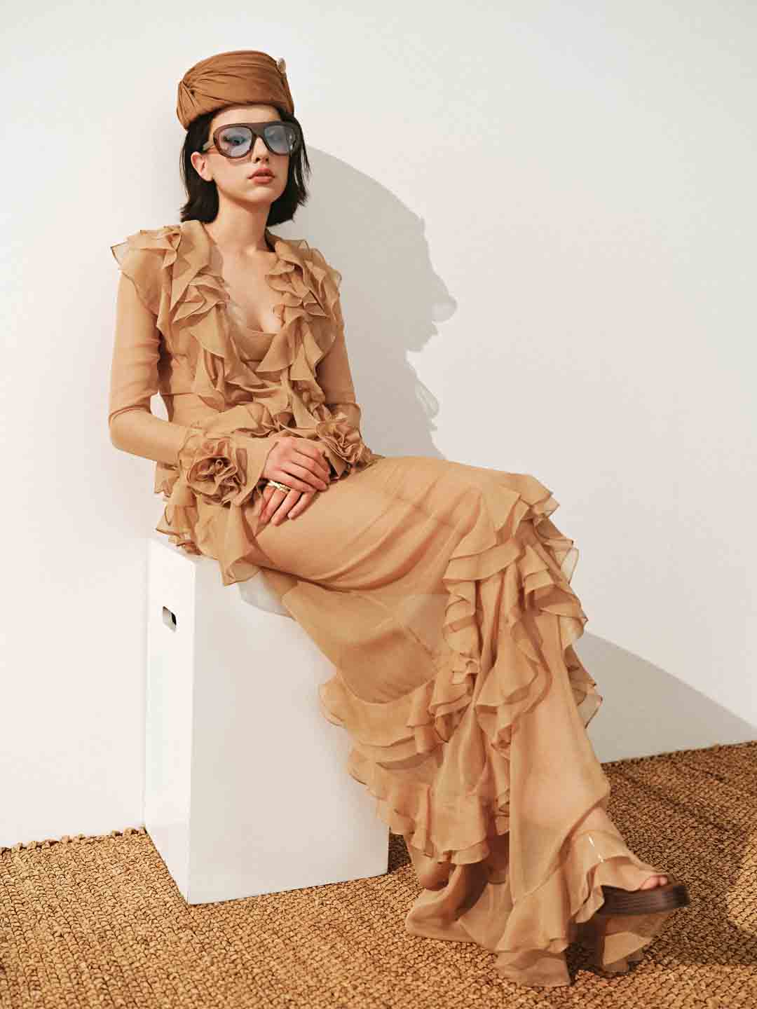 josephine Multi-layered ruffles maxi dress in brown