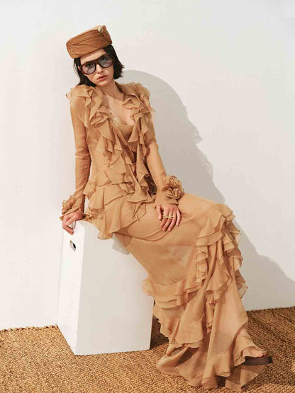 josephine Multi-layered ruffles maxi dress in brown