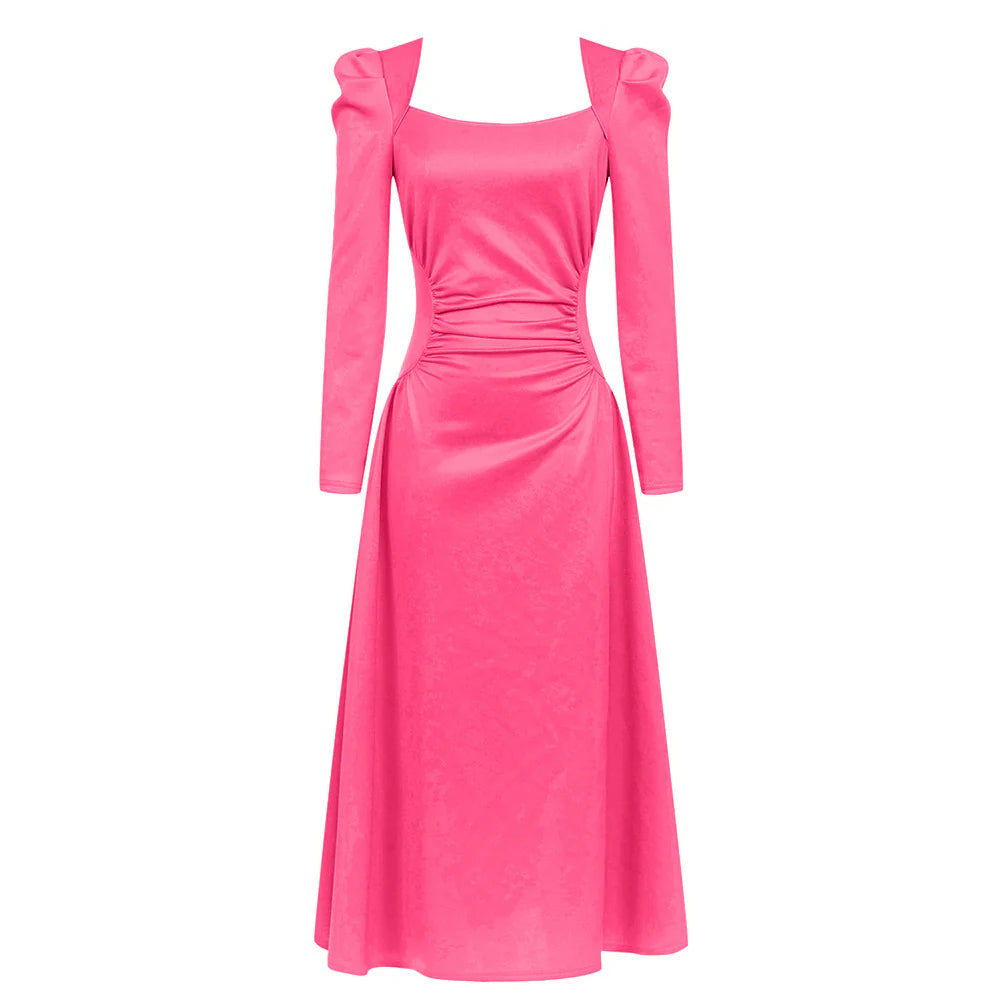 square neck pleated Maxi Dress in pink