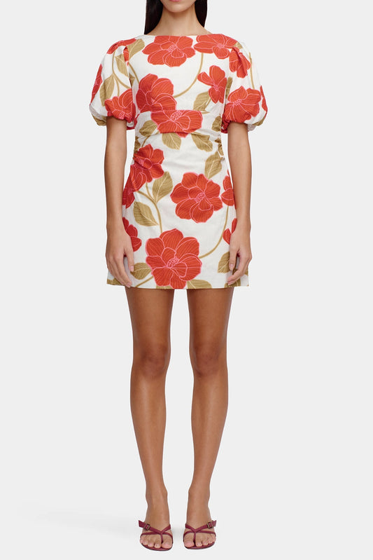 multicolor Printed puff-sleeve crinkled linen mini dress