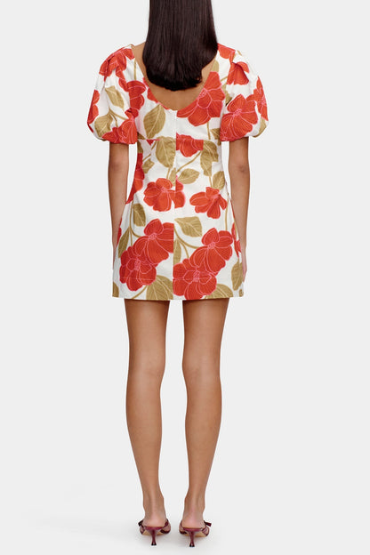 multicolor Printed puff-sleeve crinkled linen mini dress