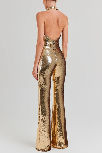 nora gold Sequin halterneck deep V high waist flared jumpsuit