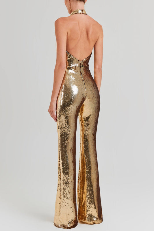 nora gold Sequin halterneck deep V high waist flared jumpsuit