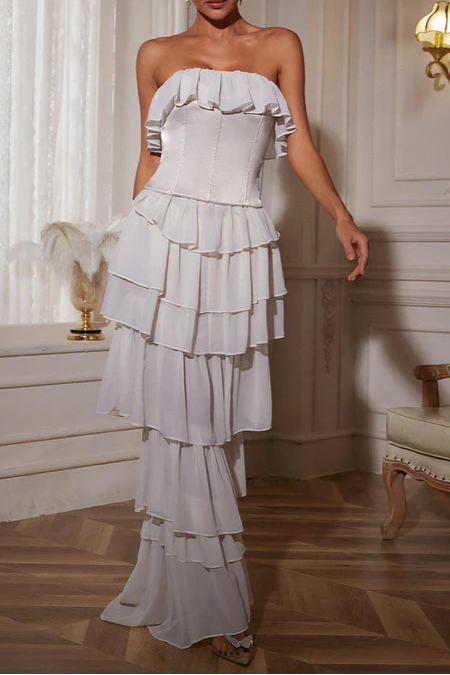 STRAPLESS RUCHED MESH MAXI DRESS IN WHITE