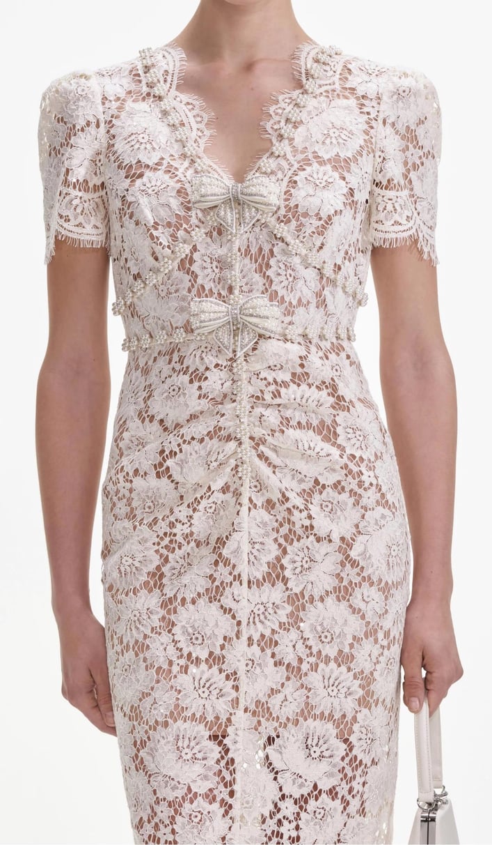 Crystal Bow Detailed V Neck Lace Midi Design Dress