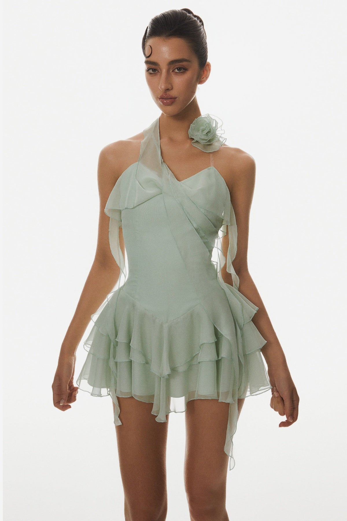 Kyrie Halter Floral Ruffle Mini Dress - Green