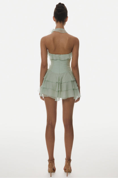 Kyrie Halter Floral Ruffle Mini Dress - Green