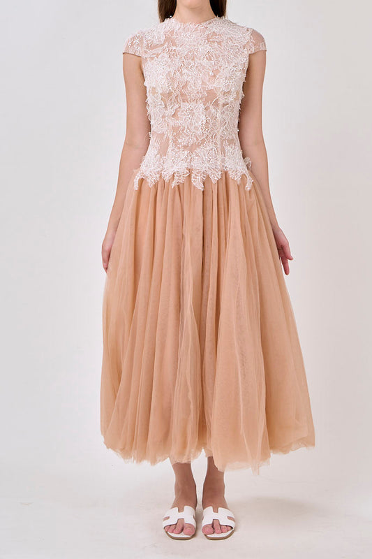 elvira Sequin lace crochet patchwork mesh maxi dress in brown