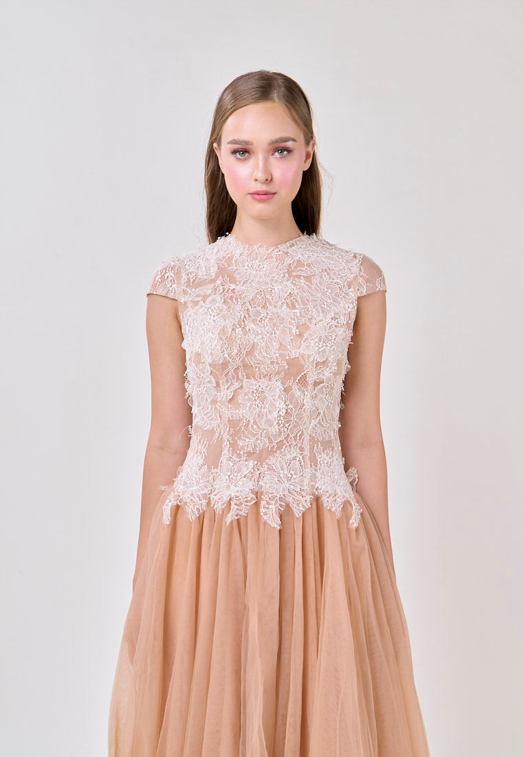 elvira Sequin lace crochet patchwork mesh maxi dress in brown