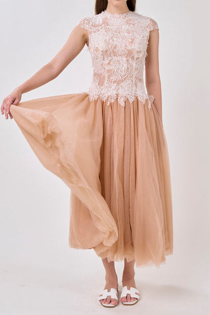 elvira Sequin lace crochet patchwork mesh maxi dress in brown