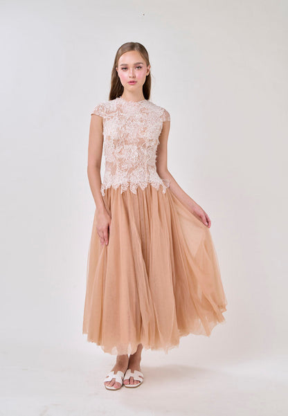 elvira Sequin lace crochet patchwork mesh maxi dress in brown