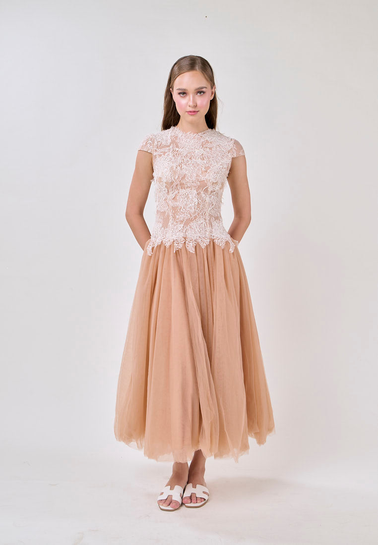 elvira Sequin lace crochet patchwork mesh maxi dress in brown