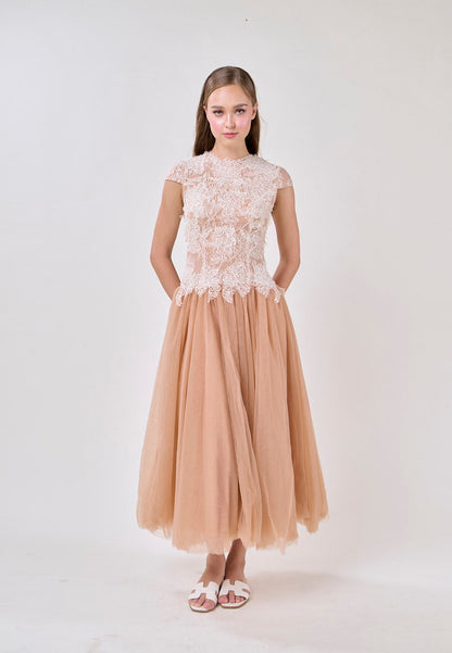 elvira Sequin lace crochet patchwork mesh maxi dress in brown