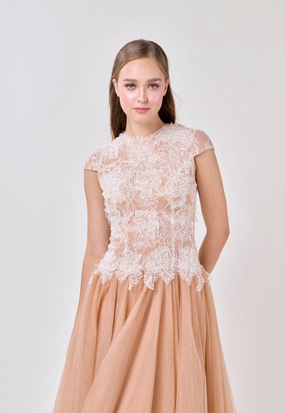 elvira Sequin lace crochet patchwork mesh maxi dress in brown