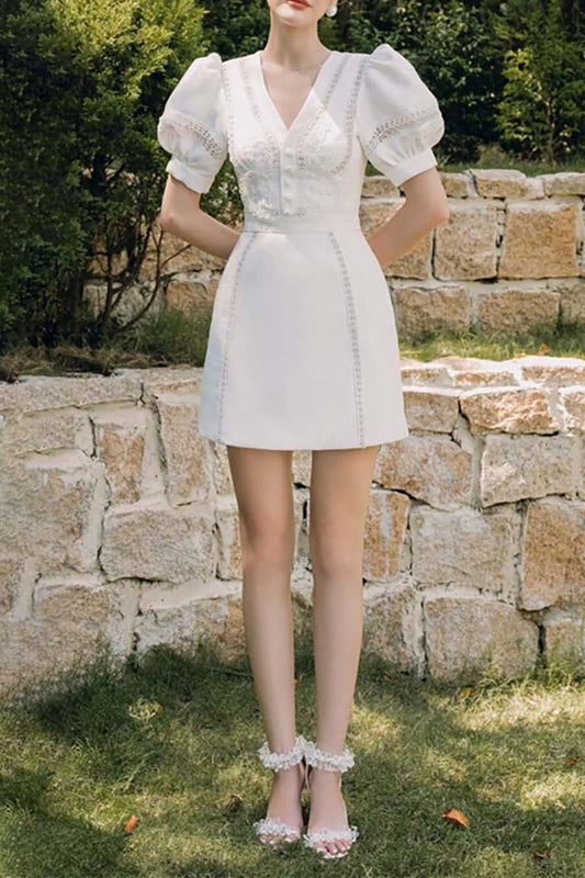 LACE PUFF SLEEVE MIDI DRESS IN WHITE