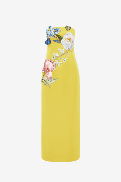 heloise Appliqué Floral Bustier Maxi Dress in yellow