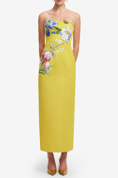 heloise Appliqué Floral Bustier Maxi Dress in yellow