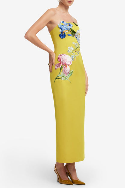heloise Appliqué Floral Bustier Maxi Dress in yellow