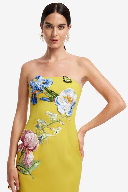 heloise Appliqué Floral Bustier Maxi Dress in yellow