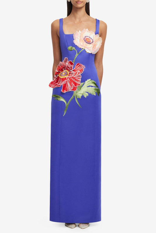 nicola square neck flower embroidery satin maxi dress in blue