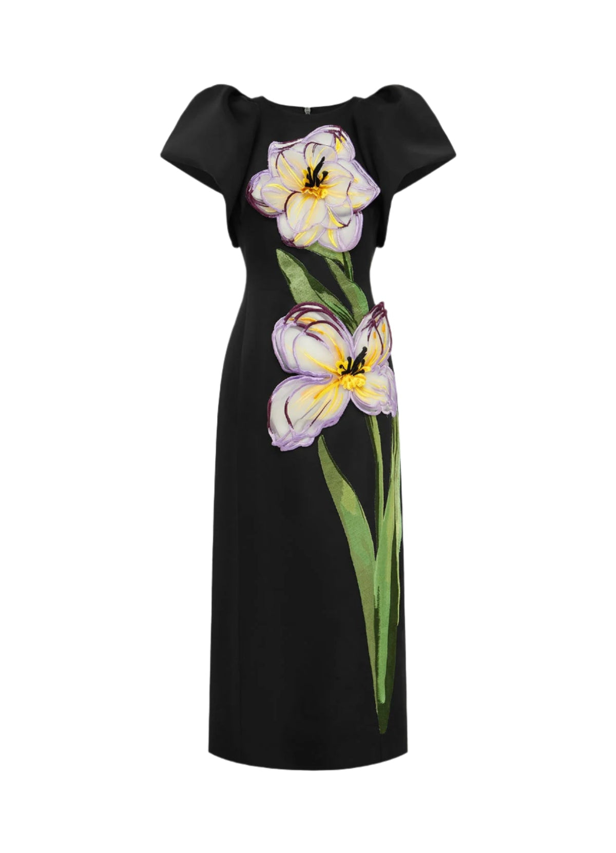 Iris Print Appliqué Floral Maxi Dress in Ebony