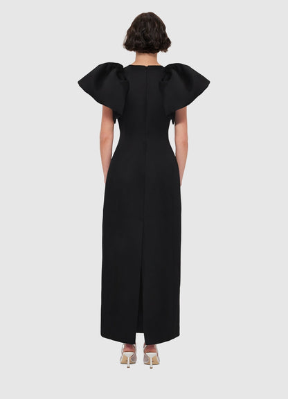 Iris Print Appliqué Floral Maxi Dress in Ebony
