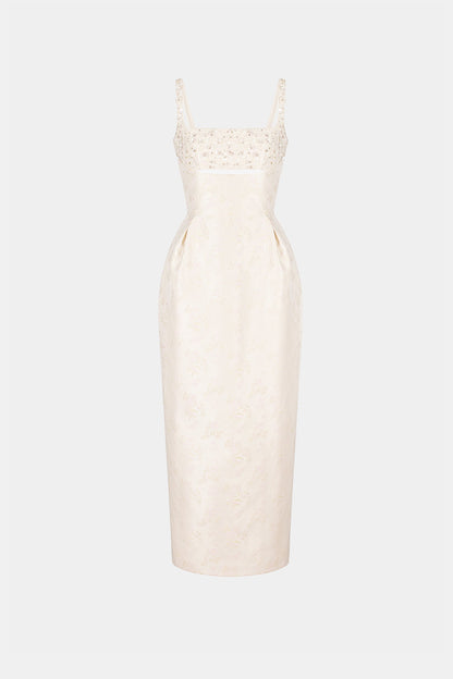 BEADED BROCADE PENCIL MIDI DRESS