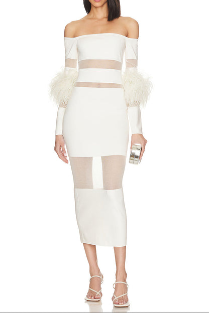 Off Shoulder Feather Mesh Midi Bandage Dress - White
