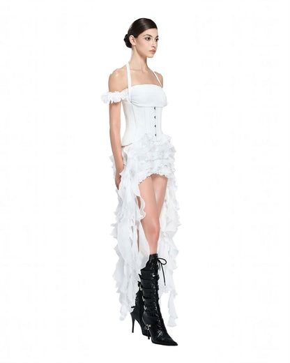 Baha Ruch Ruffle Fringe Mini Dress In White
