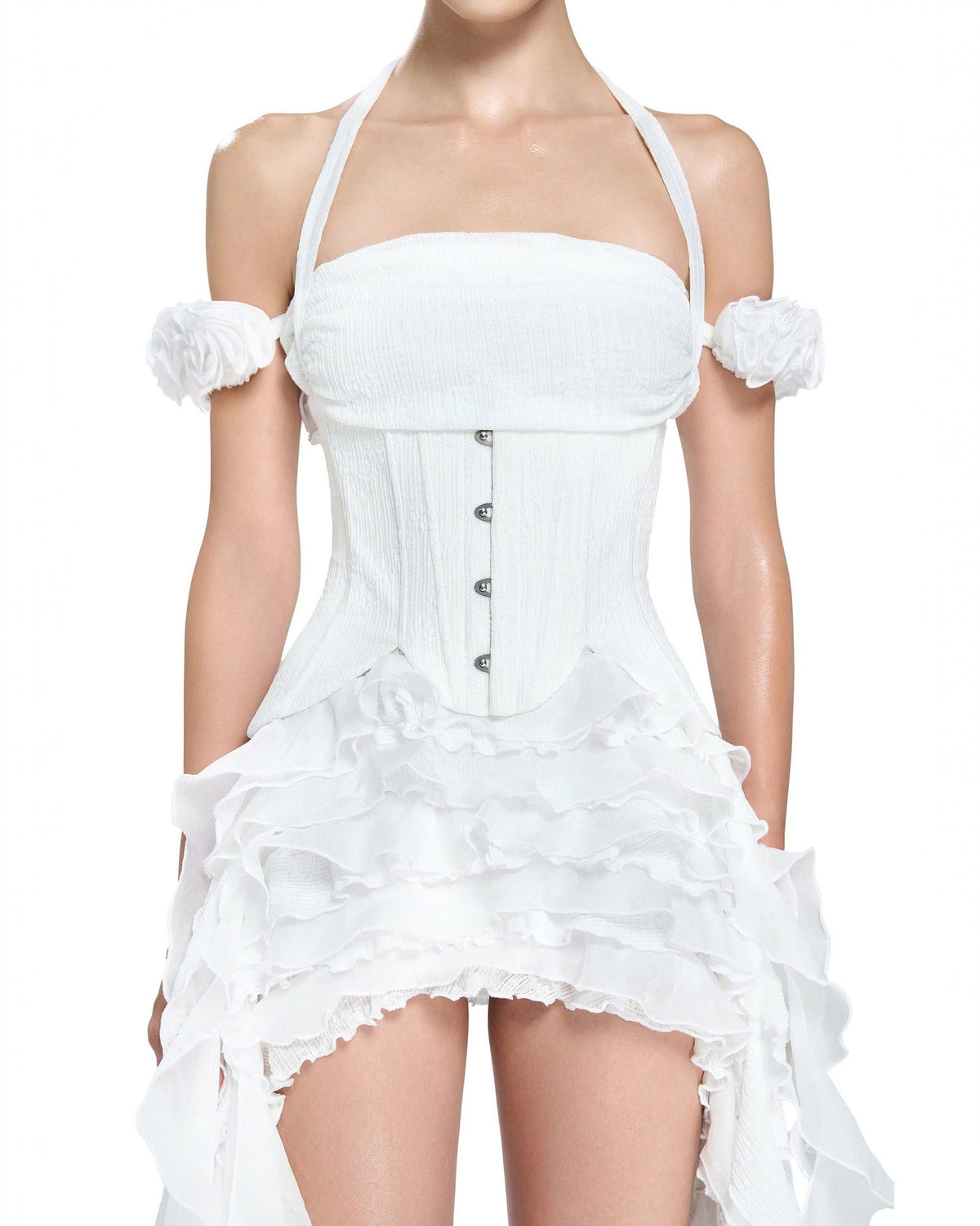 Baha Ruch Ruffle Fringe Mini Dress In White