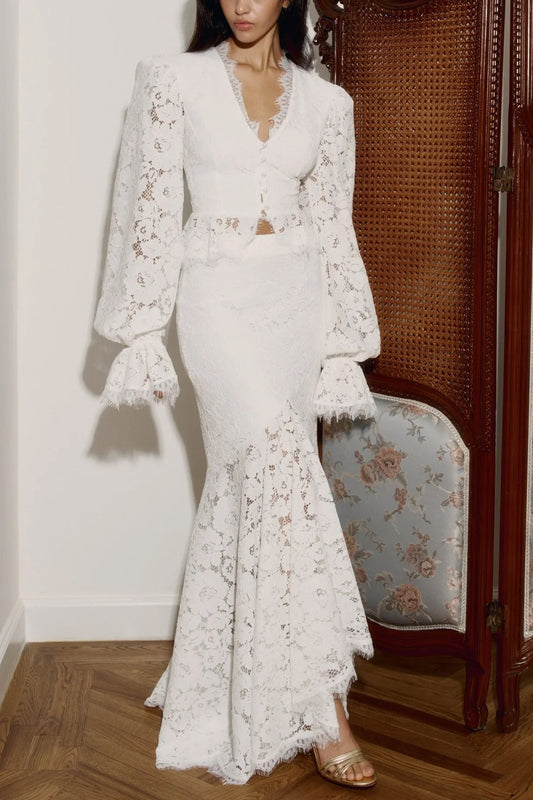 emily Lace Trimmed Puff Sleeved Top & Fishtail Skirt Set in white