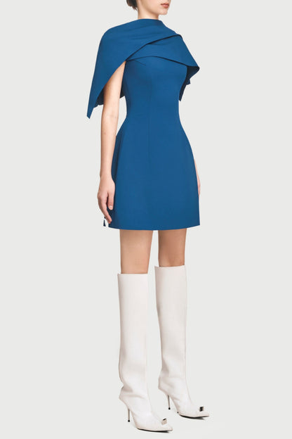 Asymmetrical Shoulder Pleat Mini Dress - Blue