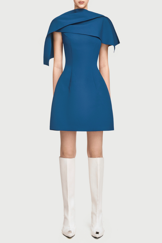 Asymmetrical Shoulder Pleat Mini Dress - Blue
