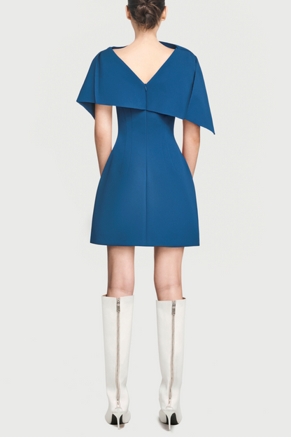 Asymmetrical Shoulder Pleat Mini Dress - Blue
