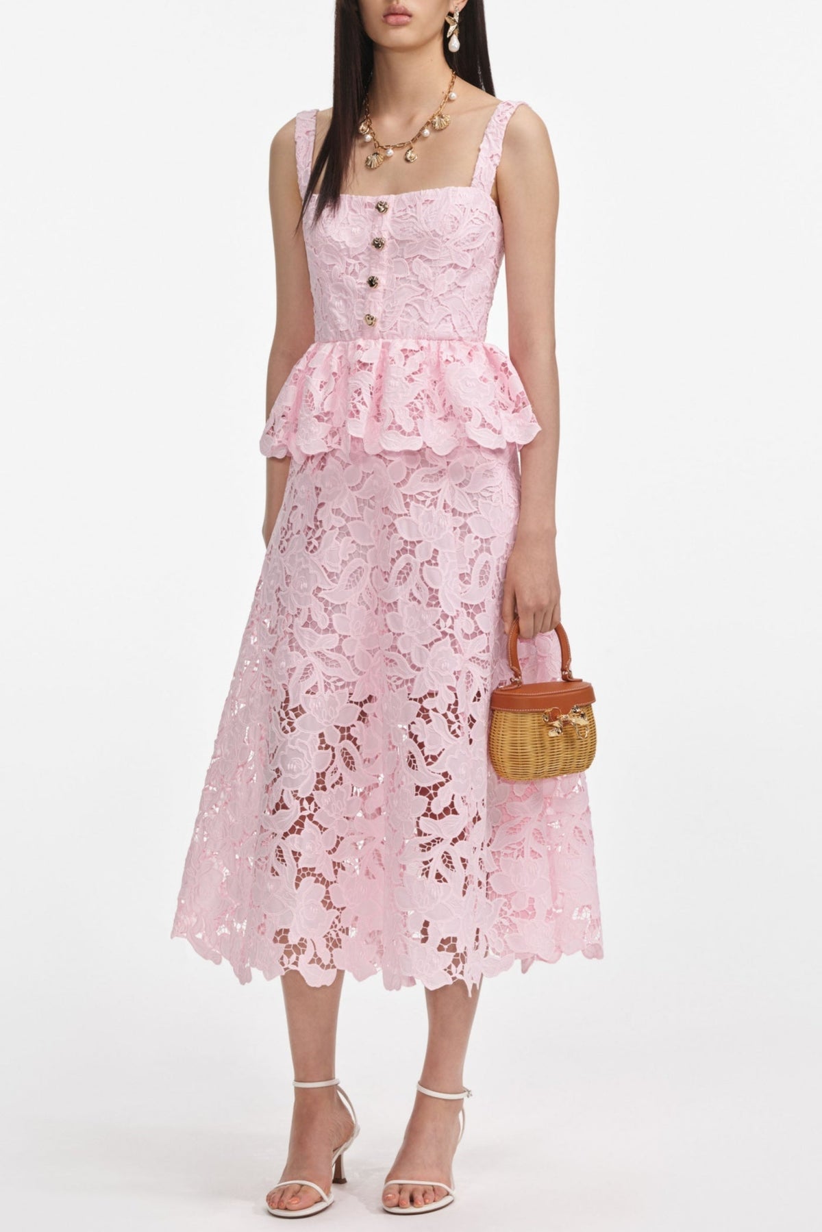 Pink Lace Peplum Midi Dress