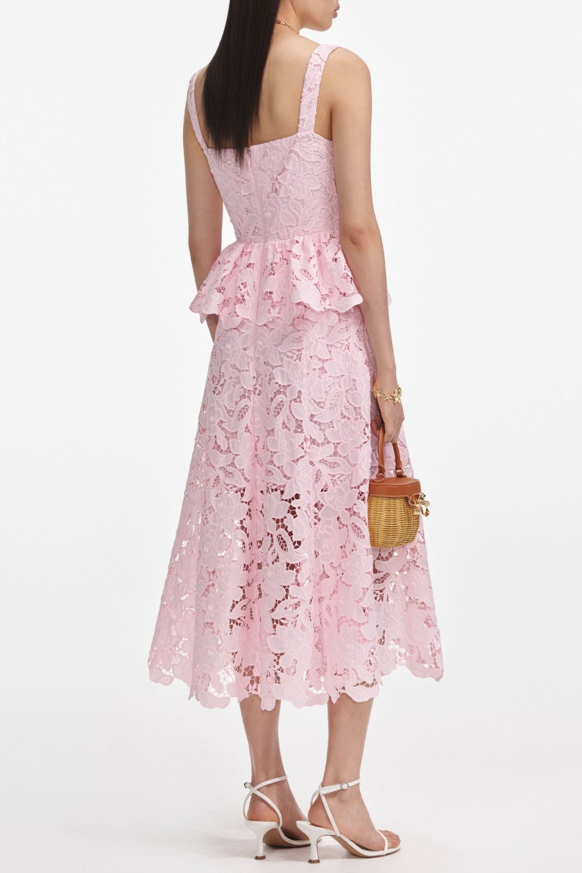 Pink Lace Peplum Midi Dress