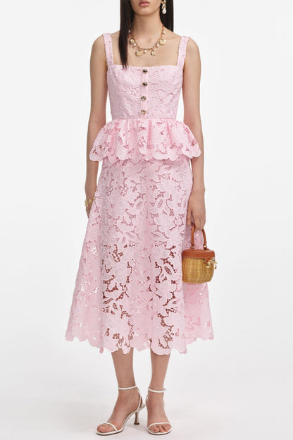 Pink Lace Peplum Midi Dress