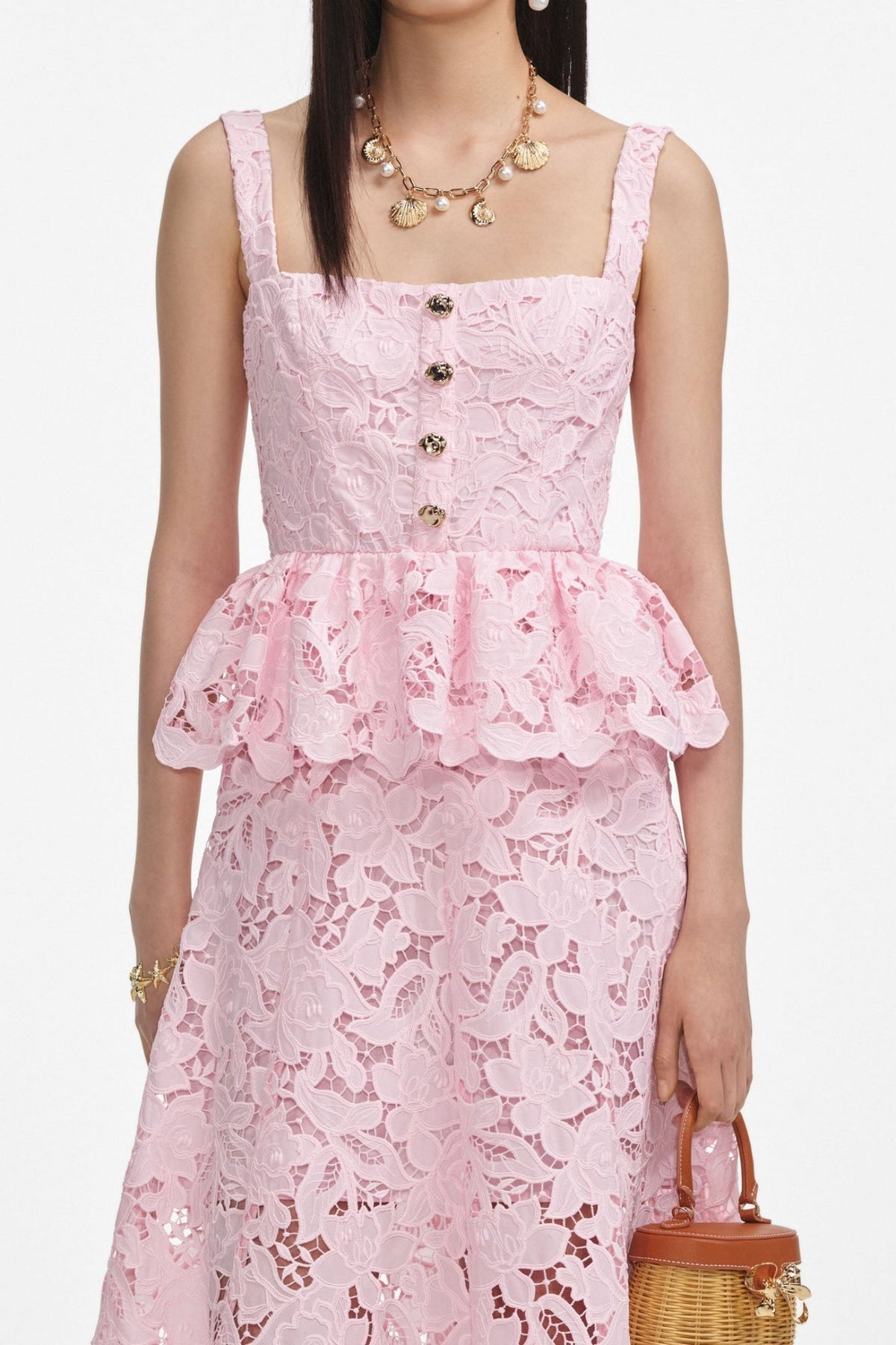 Pink Lace Peplum Midi Dress