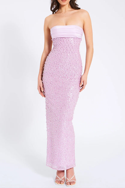 PINK SATIN SEQUIN PEARLS BEADED MAXI DRESS