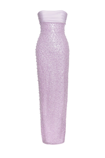 PINK SATIN SEQUIN PEARLS BEADED MAXI DRESS