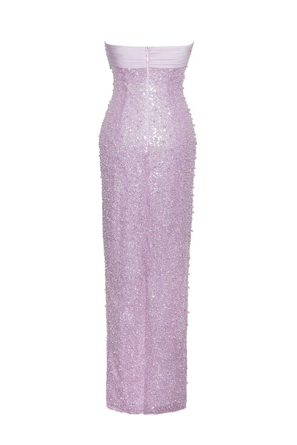 PINK SATIN SEQUIN PEARLS BEADED MAXI DRESS